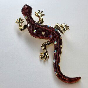 Gold Tone Lucite Aurora Crystal Lizard/Gecko Pin/Brooch